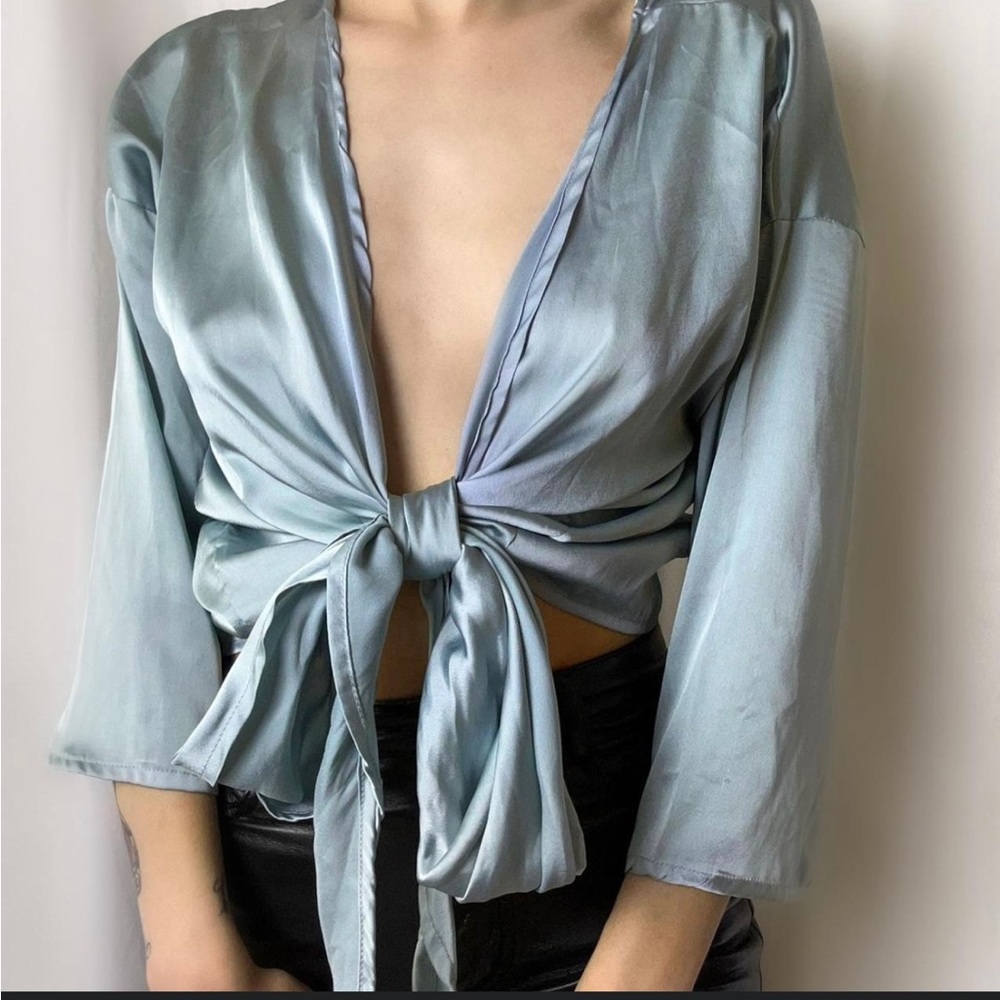 Urban outfitters satin tie front shirt size M in slate blue
